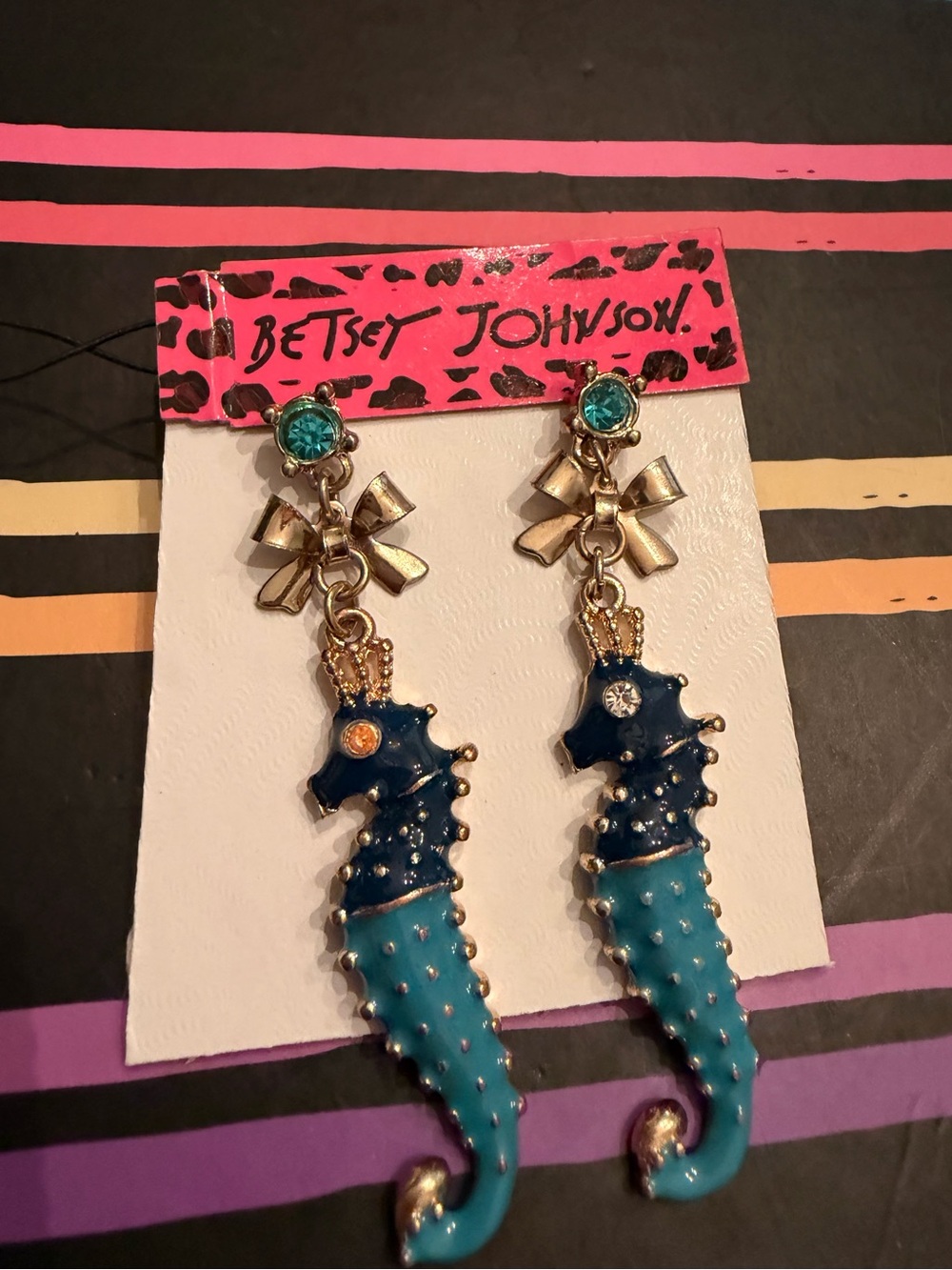 Betsey Johnson Navy and Teal Seahorse Dangle Earrings with Bows